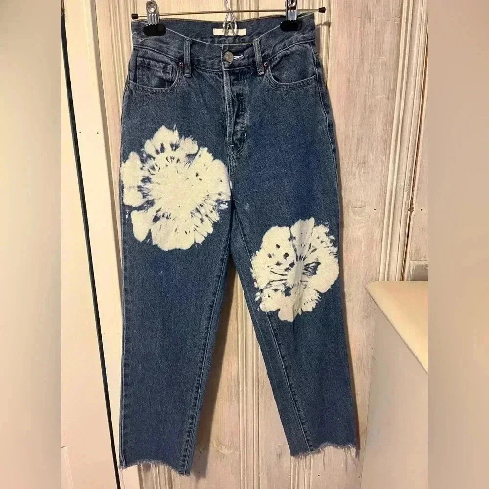 PACSUN womens High rise Straight button fly jeans raw hem tye dye graphi…